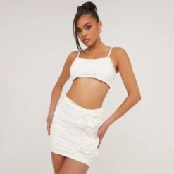 EGO High Waist Rose Detail Ruched Mini Bodycon Skirt In Stone -Sperrryego Store 01 06 23 jul109837 s