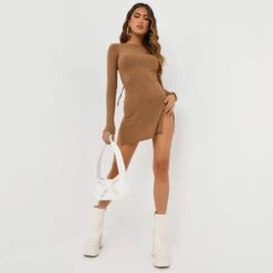 EGO Long Sleeves Tie Back Detail Side Split Mini Dress In Light Brown Ribbed