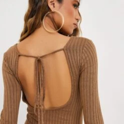 EGO Long Sleeves Tie Back Detail Side Split Mini Dress In Light Brown Ribbed -Sperrryego Store 01 09 2213467 sq