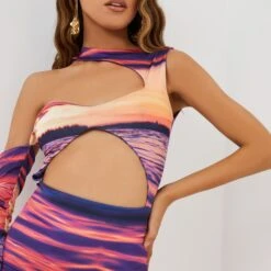 EGO High Neck Cut Out Sleeve Detail Mini Bodycon Dress In Sunset Print -Sperrryego Store 01 09 2215452