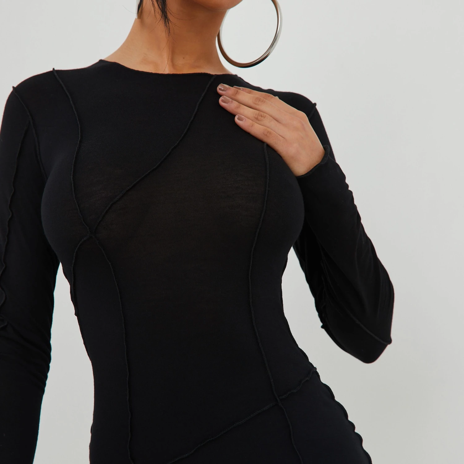 EGO Long Sleeve Seam Detail Mini Bodycon Dress In Black 4 EGO Long Sleeve Seam Detail Mini Bodycon Dress In Black - Image 2
