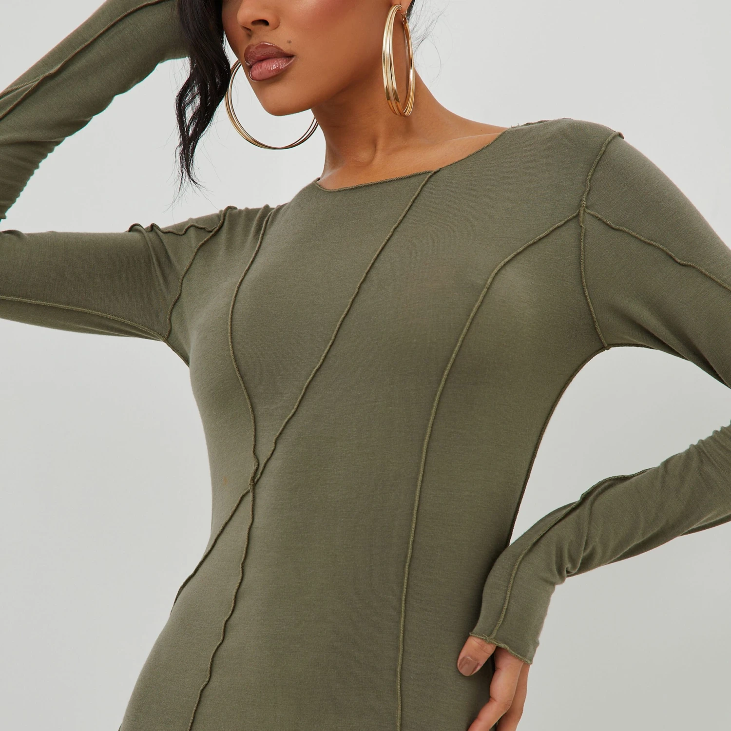 EGO Long Sleeve Seam Detail Midaxi Bodycon Dress In Khaki Soft Knit 4 EGO Long Sleeve Seam Detail Midaxi Bodycon Dress In Khaki Soft Knit - Image 2