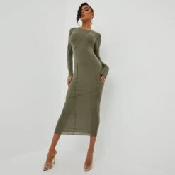 EGO Long Sleeve Seam Detail Midaxi Bodycon Dress In Khaki Soft Knit
