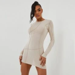 EGO Long Sleeve Seam Detail Mini Bodycon Dress In Stone