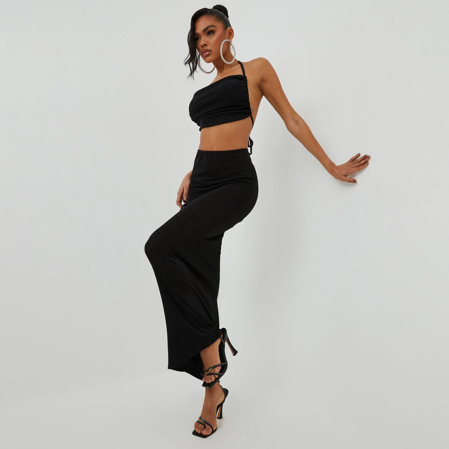 EGO High Waist Ruched Bum Detail Maxi Skirt In Black Textured Slinky 5 EGO High Waist Ruched Bum Detail Maxi Skirt In Black Textured Slinky - Image 3