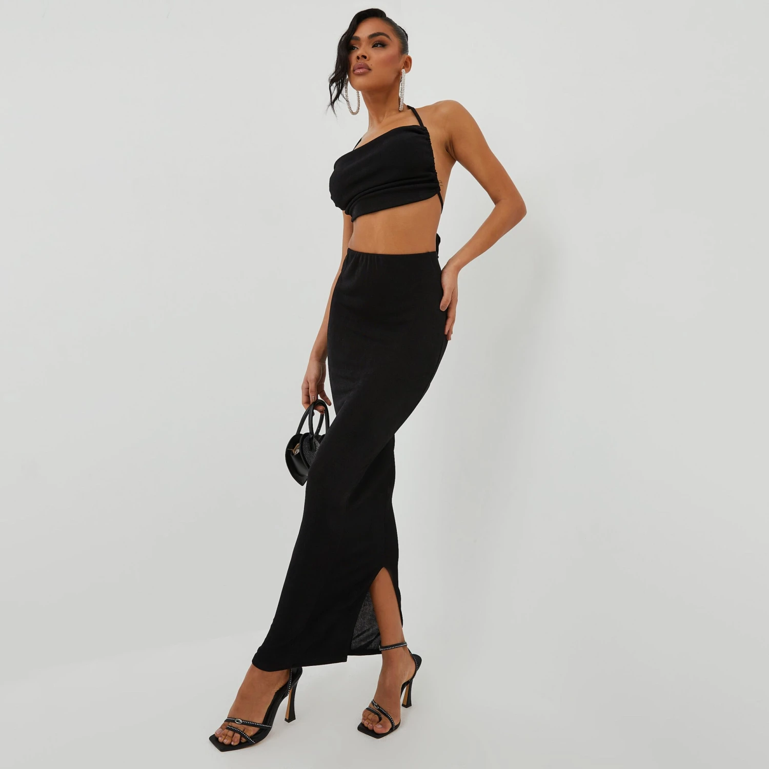 EGO High Waist Ruched Bum Detail Maxi Skirt In Black Textured Slinky 3 EGO High Waist Ruched Bum Detail Maxi Skirt In Black Textured Slinky