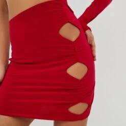 EGO One Sleeve Cut Out Ruched Detail Mini Bodycon Dress In Red Slinky -Sperrryego Store 01 11 22 july19815 copy 2