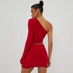EGO One Sleeve Cut Out Ruched Detail Mini Bodycon Dress In Red Slinky -Sperrryego Store 01 11 22 july19823 copy 2