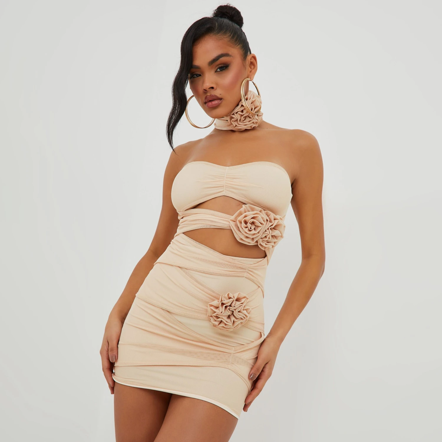 EGO Bandeau Cut Out Rose Detail Mini Dress In Beige Mesh 3 EGO Bandeau Cut Out Rose Detail Mini Dress In Beige Mesh
