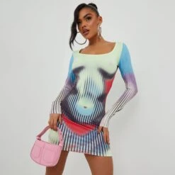 EGO Long Sleeve Scoop Neck Body Heat Printed Mini Bodycon Dress In Multi Print