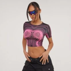 EGO Short Sleeve Body Print Crop Top In Black And Pink