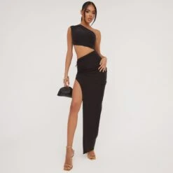 EGO One Shoulder Cut Out Ruched Side Detail Split Leg Maxi Dress In Black