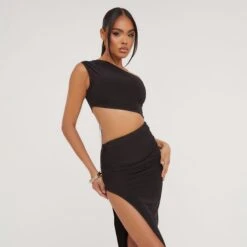 EGO One Shoulder Cut Out Ruched Side Detail Split Leg Maxi Dress In Black 9 EGO One Shoulder Cut Out Ruched Side Detail Split Leg Maxi Dress In Black -Sperrryego Store 02 05 23 jul92286 s