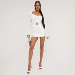 EGO Long Sleeve Ruched Detail Split Front Crop Top In Cream Slinky -Sperrryego Store 02 05 23 jul92609 s