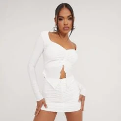 EGO Long Sleeve Ruched Detail Split Front Crop Top In Cream Slinky