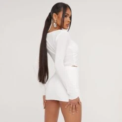 EGO Long Sleeve Ruched Detail Split Front Crop Top In Cream Slinky -Sperrryego Store 02 05 23 jul92638 s