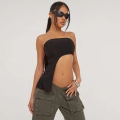 EGO Bandeau Dipped Asymmetric Hem Top In Black Slinky