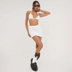 EGO High Waist Basic Mini Bodycon Skirt In Ivory Crinkle