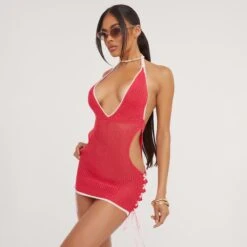 EGO Halterneck Tie Side Detail Plunge Mini Bodycon Dress In Red Crochet Knit 9 EGO Halterneck Tie Side Detail Plunge Mini Bodycon Dress In Red Crochet Knit -Sperrryego Store 02 05 23 jul93084 s