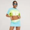 EGO Short Sleeve 'Nyc' Graphic Print Super Crop T-Shirt In Blue And Lime Acid Wash -Sperrryego Store 02 05 23 jul93185 sq