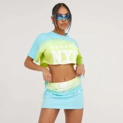 EGO Short Sleeve 'Nyc' Graphic Print Super Crop T-Shirt In Blue And Lime Acid Wash