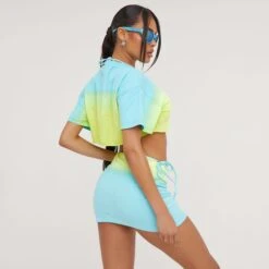 EGO Short Sleeve 'Nyc' Graphic Print Super Crop T-Shirt In Blue And Lime Acid Wash -Sperrryego Store 02 05 23 jul93205 sq