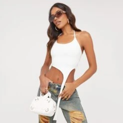 EGO Halterneck Suspender Detail Crop Top In Cream Slinky