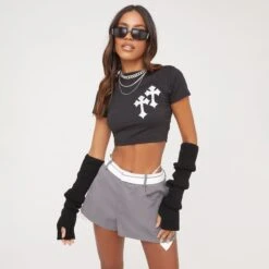 EGO Short Sleeve Metallic Crucifix Detail Cropped T-Shirt In Black