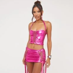 EGO Halterneck Ladder Detail Crop Top In Pink Metallic -Sperrryego Store 04 04 23 noara78850 sq