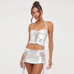 EGO Halterneck Ladder Detail Crop Top In Silver Metallic