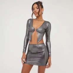 EGO Long Sleeve Ring Detail Split Top In Silver Metallic