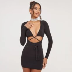 EGO Long Sleeve Ruched Bust Cut Out Tie Waist Detail Mini Bodycon Dress In Black Slinky
