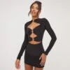 EGO Long Sleeve High Neck Ring Cut Out Detail Mini Bodycon Dress In Black Slinky