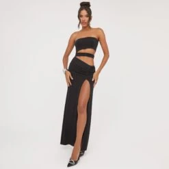 EGO Bandeau Cut Out Detail Front Split Maxi Dress In Black