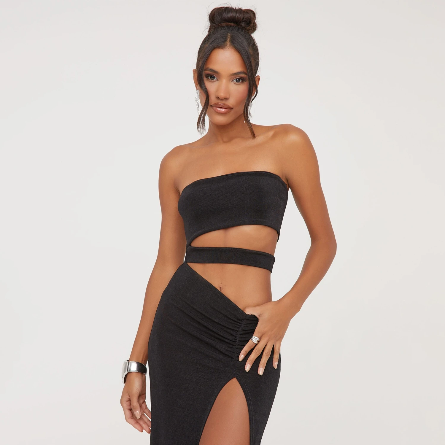EGO Bandeau Cut Out Detail Front Split Maxi Dress In Black 6 EGO Bandeau Cut Out Detail Front Split Maxi Dress In Black - Image 4