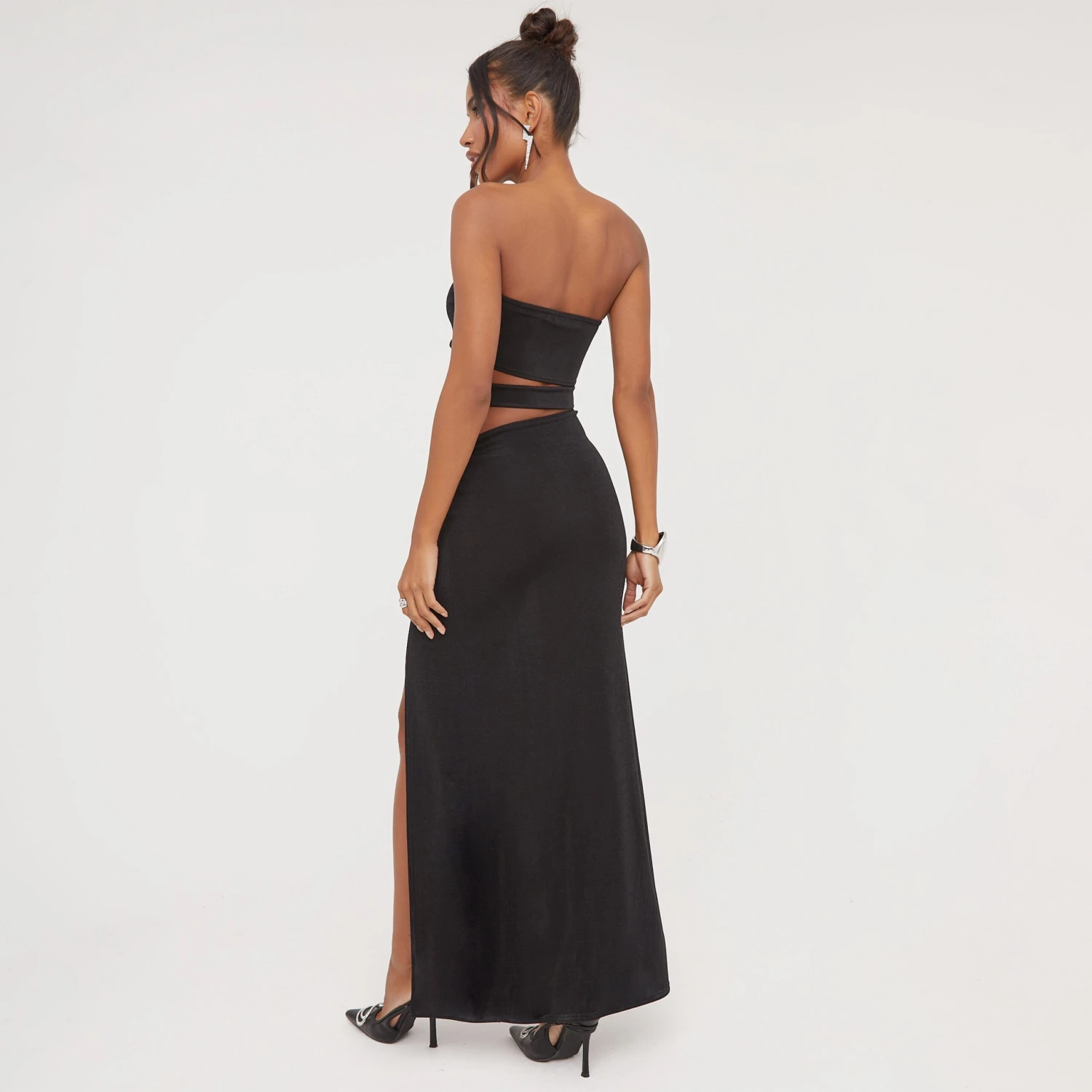 EGO Bandeau Cut Out Detail Front Split Maxi Dress In Black 5 EGO Bandeau Cut Out Detail Front Split Maxi Dress In Black - Image 3