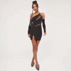 EGO One Shoulder Cut Out Mesh Panel Detail Mini Bodycon Dress With Sleeves In Black Slinky -Sperrryego Store 04 04 23 noara79464 s