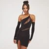 EGO One Shoulder Cut Out Mesh Panel Detail Mini Bodycon Dress With Sleeves In Black Slinky -Sperrryego Store 04 04 23 noara79486 s