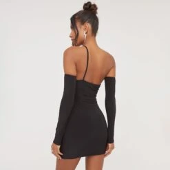 EGO One Shoulder Cut Out Mesh Panel Detail Mini Bodycon Dress With Sleeves In Black Slinky -Sperrryego Store 04 04 23 noara79495 s