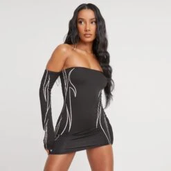 EGO Long Sleeve Lightning Bolt Detail Bardot Mini Bodycon Dress In Black