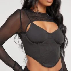 EGO Long Sleeve Double Layered Corset Top In Black Mesh -Sperrryego Store 05 01 23 ming40221 s2
