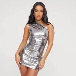 EGO One Shoulder Mini Bodycon Dress In Dark Grey Metallic