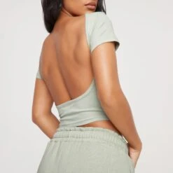 EGO Crew Neck Cap Sleeve Backless T-Shirt In Sage Green -Sperrryego Store 05 01 23 ming40736 s2