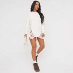 EGO Long Sleeve Distressed Detail Jumper Dress In Cream Knit