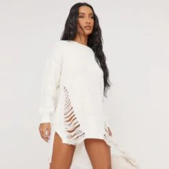 EGO Long Sleeve Distressed Detail Jumper Dress In Cream Knit -Sperrryego Store 05 01 23 ming41217 sq