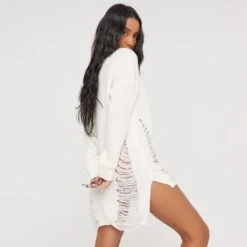 EGO Long Sleeve Distressed Detail Jumper Dress In Cream Knit -Sperrryego Store 05 01 23 ming41240 sq