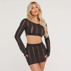 EGO Long Sleeve Scoop Neck Ladder Detail Crop Top In Black Knit