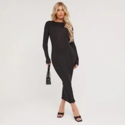 EGO Long Sleeve Seam Detail Midaxi Bodycon Dress In Black Soft Knit