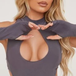 EGO Key Hole Cut Out Mini Bodycon Dress With Sleeves In Charcoal Grey -Sperrryego Store 06 02 23 emily53787 s