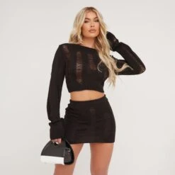 EGO Long Sleeve Ladder Detail Cropped Jumper In Black Knit